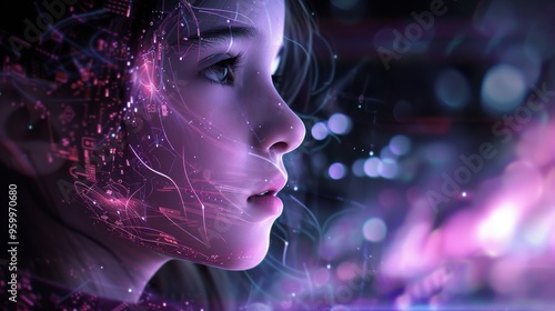 Side view of a child with neon digital enhancements in pink and purple hues, illustrating futuristic technology and digital artistry. Ideal for sci-fi and tech visuals.