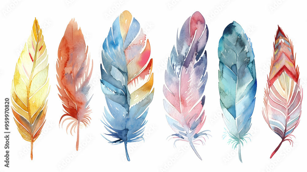 Hand drawn watercolor feather set. Boho style. Watercolour illustration Hand drawn watercolor feather set. Boho style. Watercolour illustration