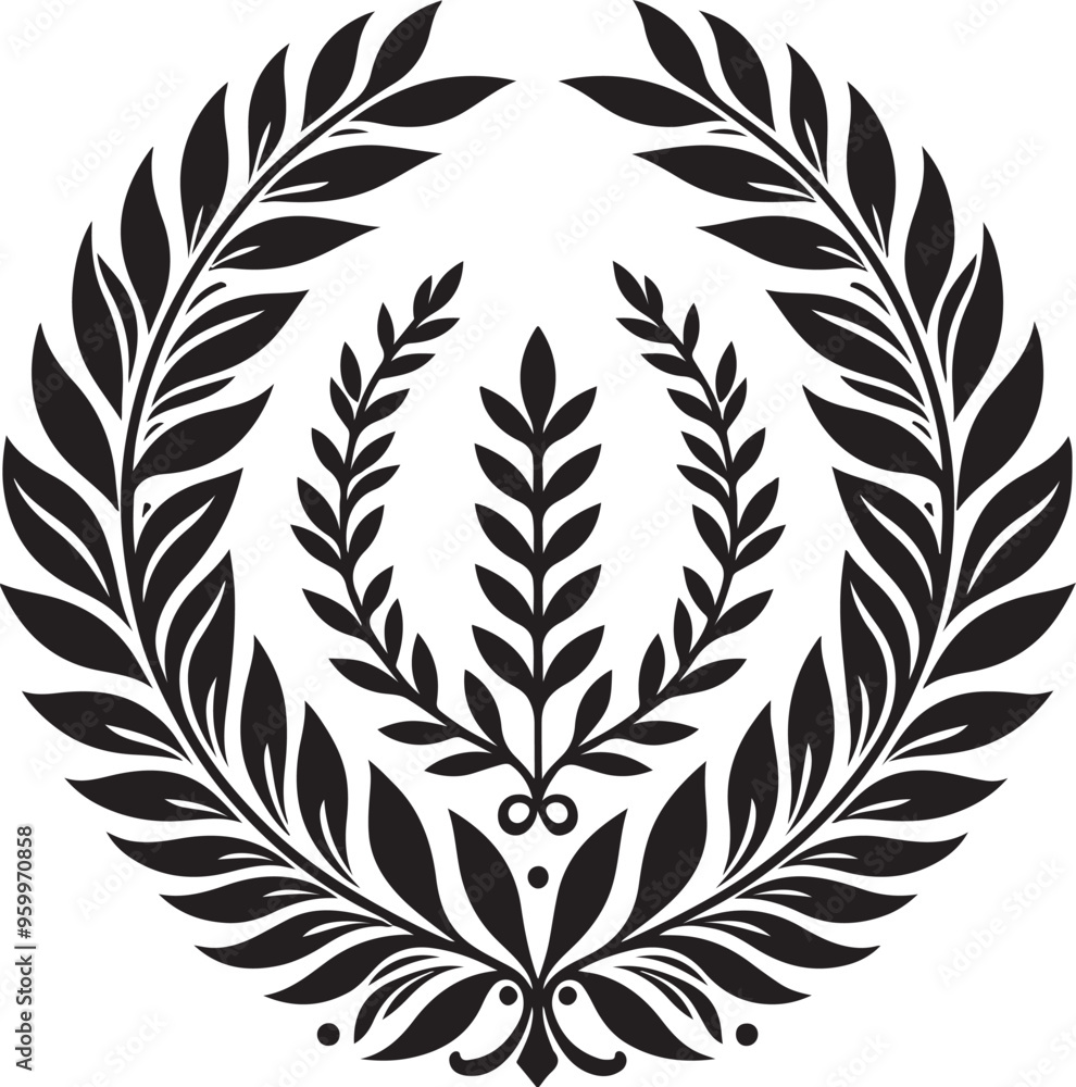 Obraz premium laurel wreath,vector art,symmetrical leaves, elegant, clean lines,vector style,silhouette vector,black and white color