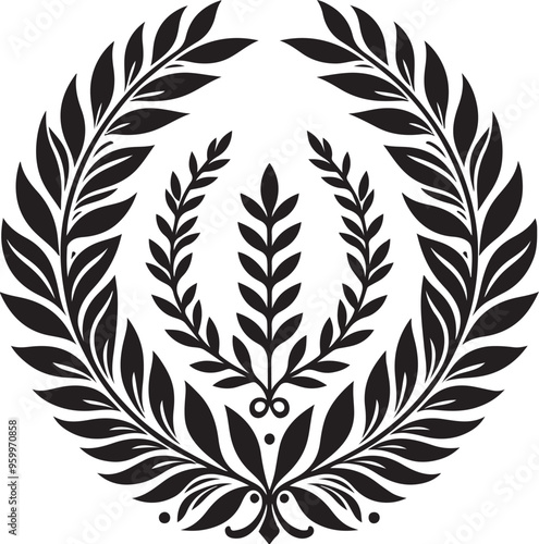 laurel wreath,vector art,symmetrical leaves, elegant, clean lines,vector style,silhouette vector,black and white color