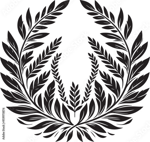 laurel wreath,vector art,symmetrical leaves, elegant, clean lines,vector style,silhouette vector,black and white color photo