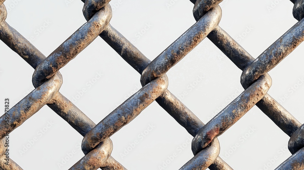 The wire mesh fence captured up close, with detailed metal chains forming patterns in the background, symbolizes the potential for restriction and freedom.