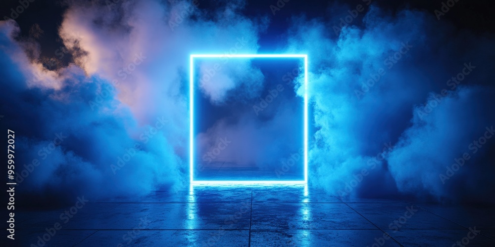 Futuristic Neon square in Stormy Clouds Night Sky Futuristic Neon square in Stormy Clouds Night Sky