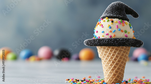 Ice cream cone shaped like witchs hat, topped with colorful sprinkles, creates whimsical and festive treat. photo