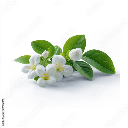 Close-up of delicate white jasmine flowers with lush green leaves on a white background, emphasizing purity and freshness.