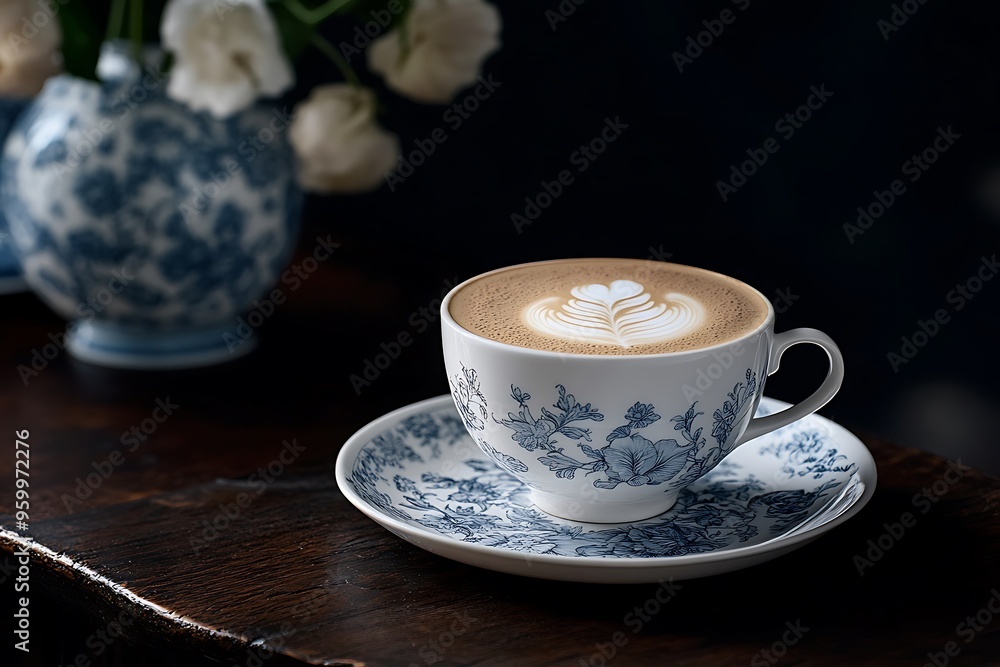 Fototapeta premium A steaming cup of coffee surrounded by falling coffee beans, creating an atmosphere full of warmth and joy.