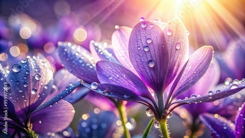 Delicate Purple Petals With Dew Drops Glisten In The Sunlight, Creating An Ethereal Beauty Against A Soft-Focused Background.