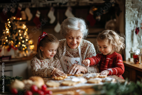 Grandmother and Grandkids Make Christmas Cookies