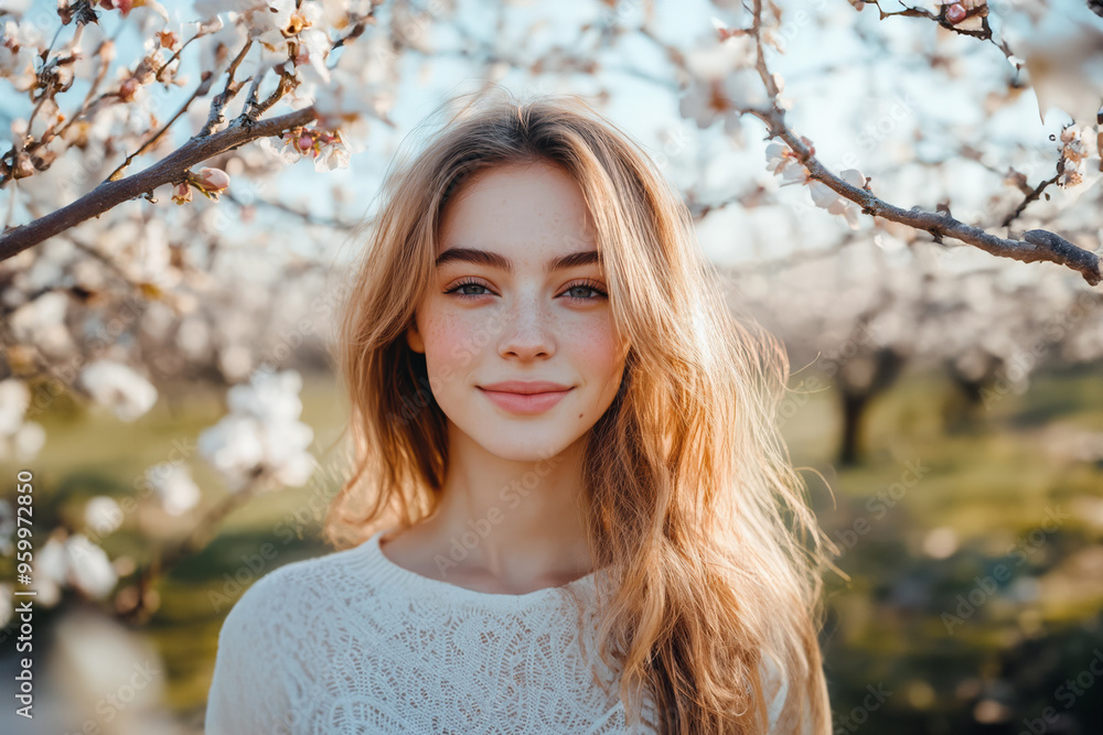 Naklejka premium A Young Woman and the Blooming Cherry Trees