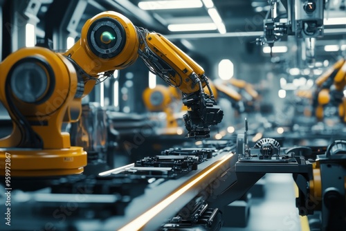 Close-up of a complex, futuristic assembly line with robotic arms and conveyor belts, highlighting the precision and efficiency of modern manufacturing