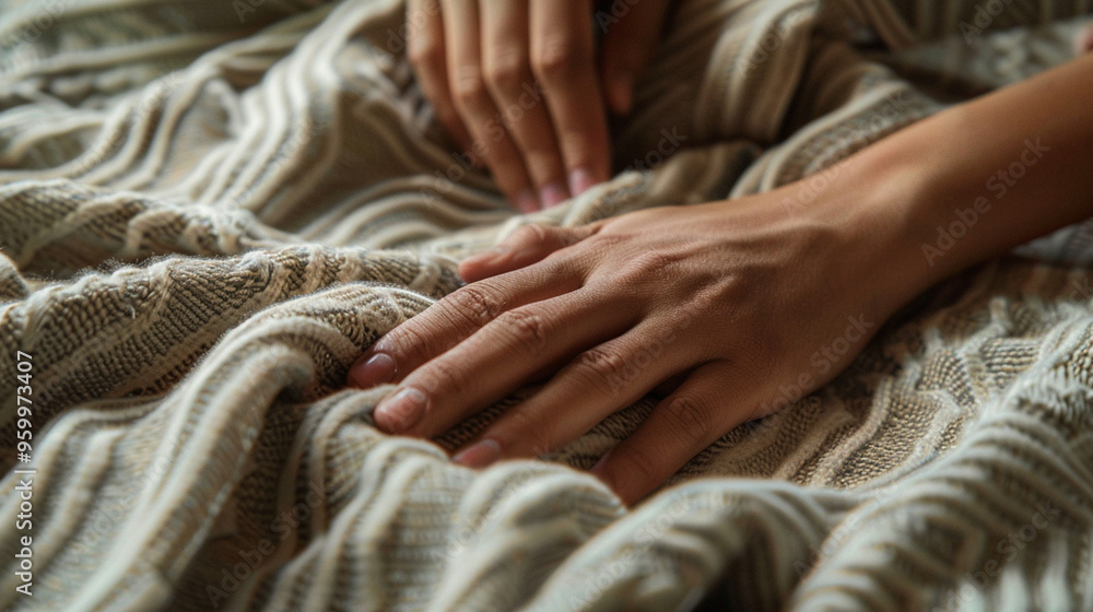 Medium close-up of fingers running across the texture of a fabric, feeling its softness and patterns. Medium close-up of fingers running across the texture of a fabric, feeling its softness and patterns.