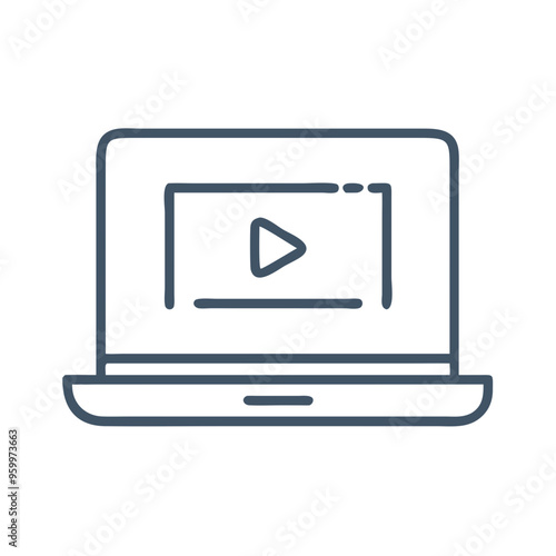 Video on laptop screen icon, minimal line style, black and white, online streaming concept