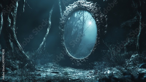 Enchanted mirror reflecting a magical realm, otherworldly vision.