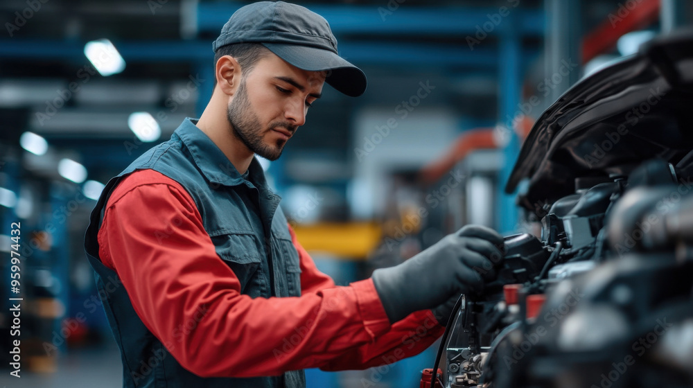 Fototapeta premium Young auto mechanic focusing on car engine repair in a workshop, showcasing technical skills and automotive maintenance.