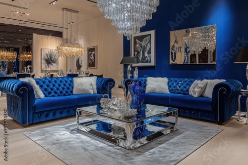 Luxury Living Room Interior Design with Blue Velvet Sofas and Crystal Chandelier