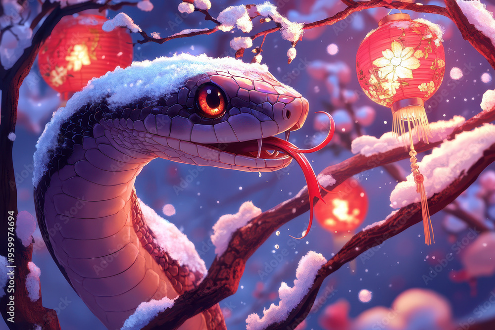 Obraz premium A cute snake, long tongue sticking out of its mouth, with red plum blossoms and lanterns hanging on the tree branches in winter, creating a Chinese New Year atmosphere. Background for banner, poster.