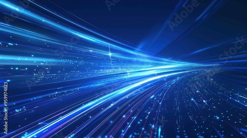 Abstract Blue Light Speed Lines and Glowing Dots