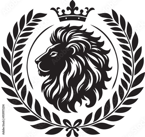 lion laurel wreath,elegant vector style,silhouette vector,black and white color photo