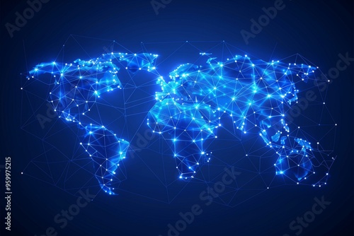 Abstract World Map with Glowing Points and Lines, Global Network Concept, Technology Background.