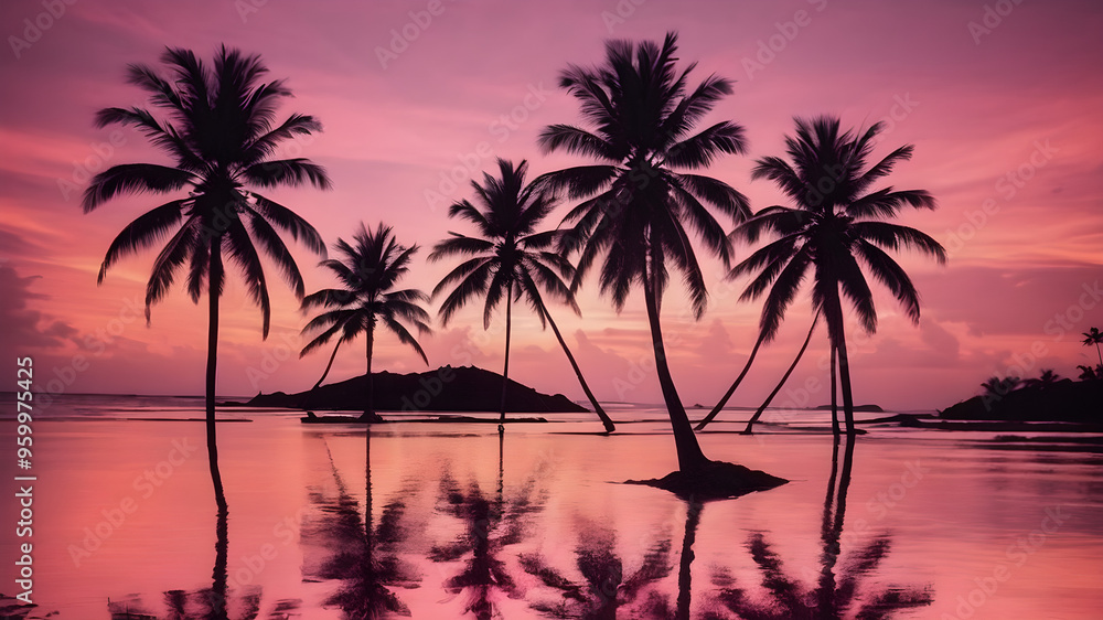 Coconut trees silhouetted against a sunset sky with pink and orange hues Coconut trees silhouetted against a sunset sky with pink and orange hues