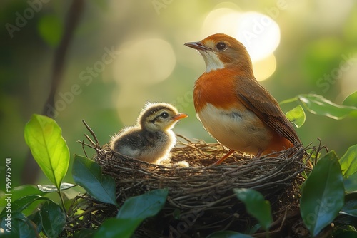 intimate forest scene mother bird feeding chick in nest dappled sunlight through leaves rich earthy tones intricate branch details soft bokeh background nurturing wildlife moment