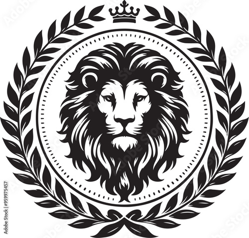 lion laurel wreath,elegant vector style,silhouette vector,black and white color photo