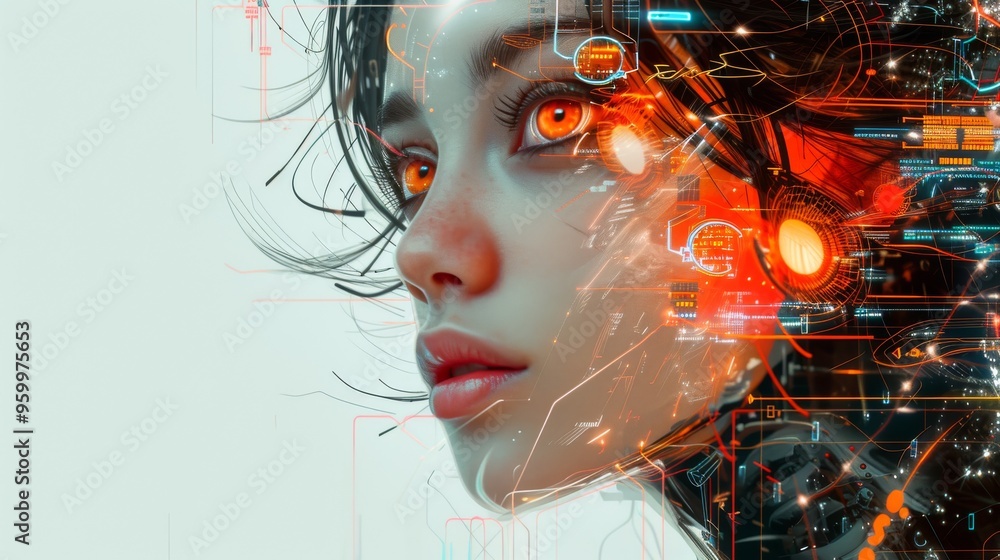 A striking digital illustration of a woman adorned with orange cybernetic enhancements. The image highlights advanced technology integrated with human features, perfect for futuristic and sci-fi A striking digital illustration of a woman adorned with orange cybernetic enhancements. The image highlights advanced technology integrated with human features, perfect for futuristic and sci-fi