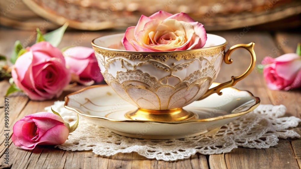 Delicate, velvety rose petals overflow from a dainty, antique teacup adorned with intricate lace and golden trim, evoking a sense of whimsical, nostalgic charm. Delicate, velvety rose petals overflow from a dainty, antique teacup adorned with intricate lace and golden trim, evoking a sense of whimsical, nostalgic charm.