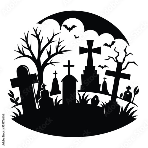 black silhouette of a graveyard isolated on white background