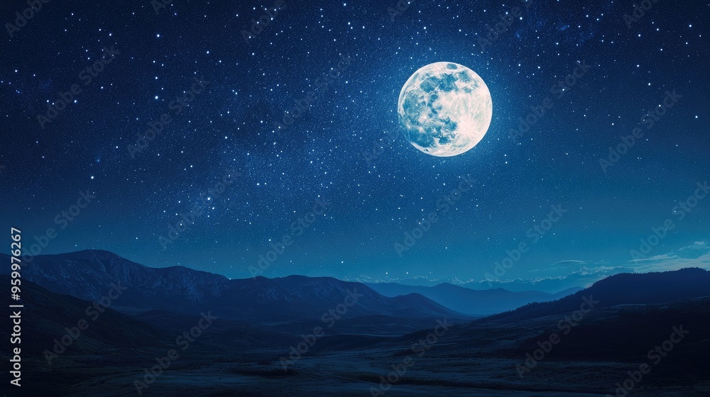 A full moon bathes the night sky in light, with stars scattered across the sky and distant mountains creating a tranquil scene A full moon bathes the night sky in light, with stars scattered across the sky and distant mountains creating a tranquil scene