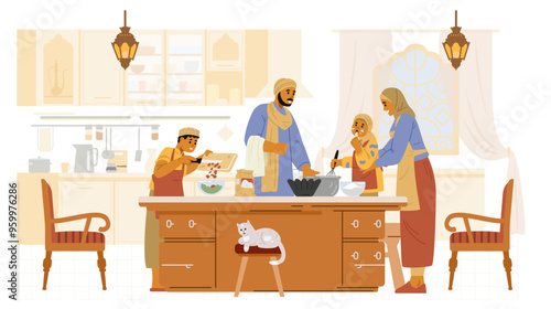 Muslim family parents and children preparing food together in the kitchen flat vector illustration isolated on white.