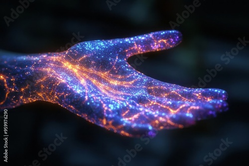 Human hand, glowing veins, cells, vibrant energy, vitamins, close-up, intricate details, skin, luminous glow, life-giving nutrients, health photo