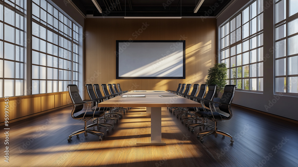 Obraz premium office interior, A modern conference room with a long, table and chairs. The room features large windows, colored walls, and a sleek whiteboard for projection screen.