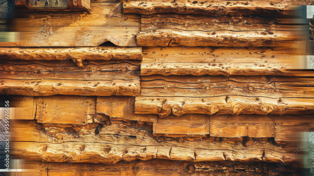 A texture of a rough, weathered wooden wall with visible knots, cracks, and grooves. The wood has a warm, golden hue with a few areas of lighter, newer wood. A texture of a rough, weathered wooden wall with visible knots, cracks, and grooves. The wood has a warm, golden hue with a few areas of lighter, newer wood.