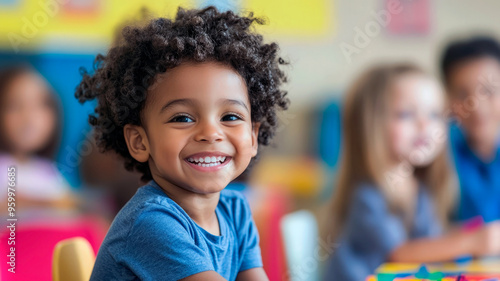 Happy smiling kids are doing arts and crafts in day care centre together. Education concept