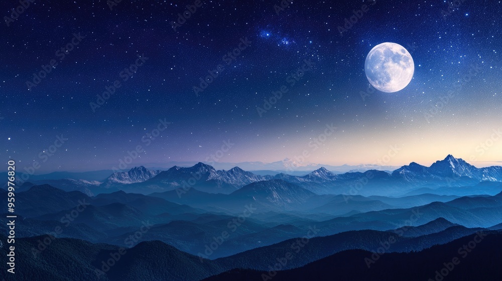 A full moon illuminates a star-filled sky, casting a serene glow over distant mountains at twilight, creating a peaceful night landscape. A full moon illuminates a star-filled sky, casting a serene glow over distant mountains at twilight, creating a peaceful night landscape.