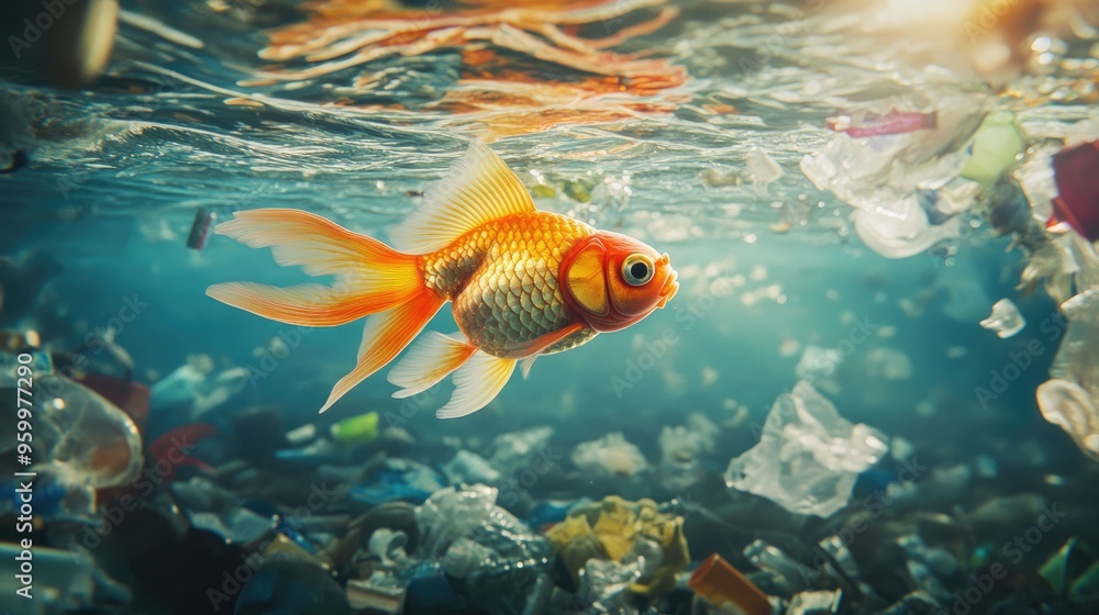 A goldfish in a polluted ocean, surrounded by plastic waste, symbolizing the environmental crisis facing marine life today. A goldfish in a polluted ocean, surrounded by plastic waste, symbolizing the environmental crisis facing marine life today.