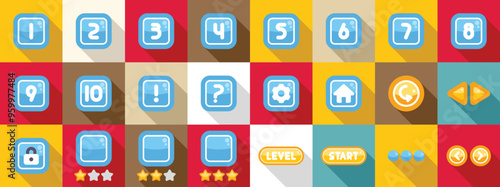Select game level icons set. Collection of various buttons for casual game user interface design, featuring numbers, symbols, and common actions