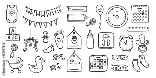 Baby metric hand drawn icons. Birth announcement doodle . Vector set newborn hand drawn elements. Gender party outline icons. Birth, Age, height, weight data with cute baby accessories.