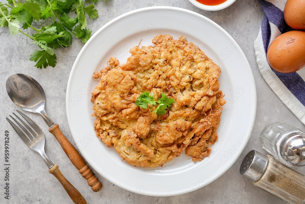 Thai style omelet stuff minced pork ,street food of thailand ,Thai call kai jeaw moo sab , Top view food table Thai style omelet stuff minced pork ,street food of thailand ,Thai call kai jeaw moo sab , Top view food table