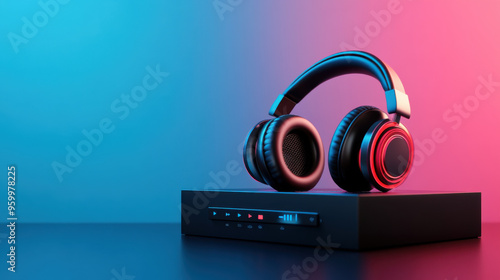 Wireless headphones resting on a sleek audio player, highlighted by vibrant blue and pink lighting, creating a modern tech vibe. photo