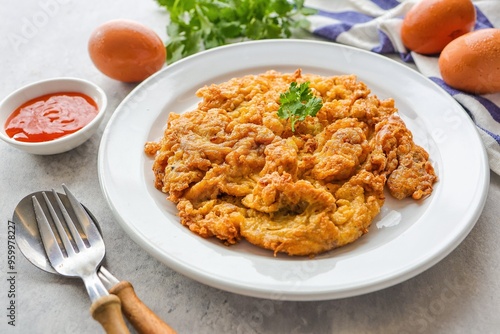 Thai style omelet stuff minced pork ,street food of thailand ,Thai call kai jeaw moo sab , Top view food table	 photo