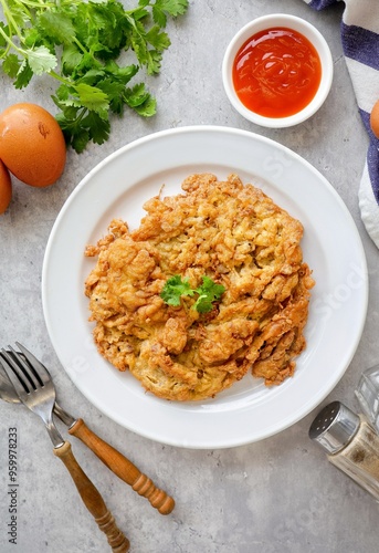 Thai style omelet stuff minced pork ,street food of thailand ,Thai call kai jeaw moo sab , Top view food table	 photo