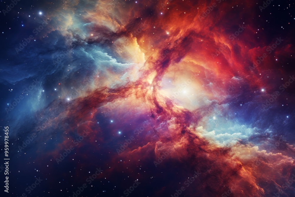 Fototapeta premium Vibrant cosmic nebula glowing in colors above a starry background in the depths of space