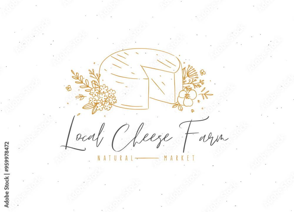 Wheel of local farm cheese with flowers sign and inscription natural market drawing on beige background