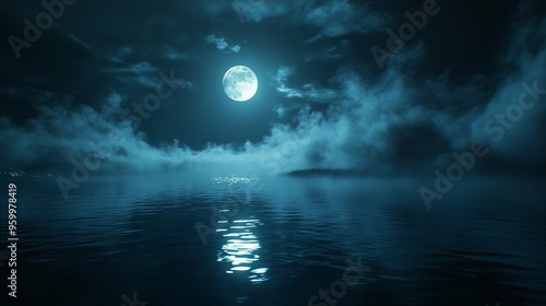 The moon in its last quarter phase, casting a faint light over a calm river with mist rising from the water.