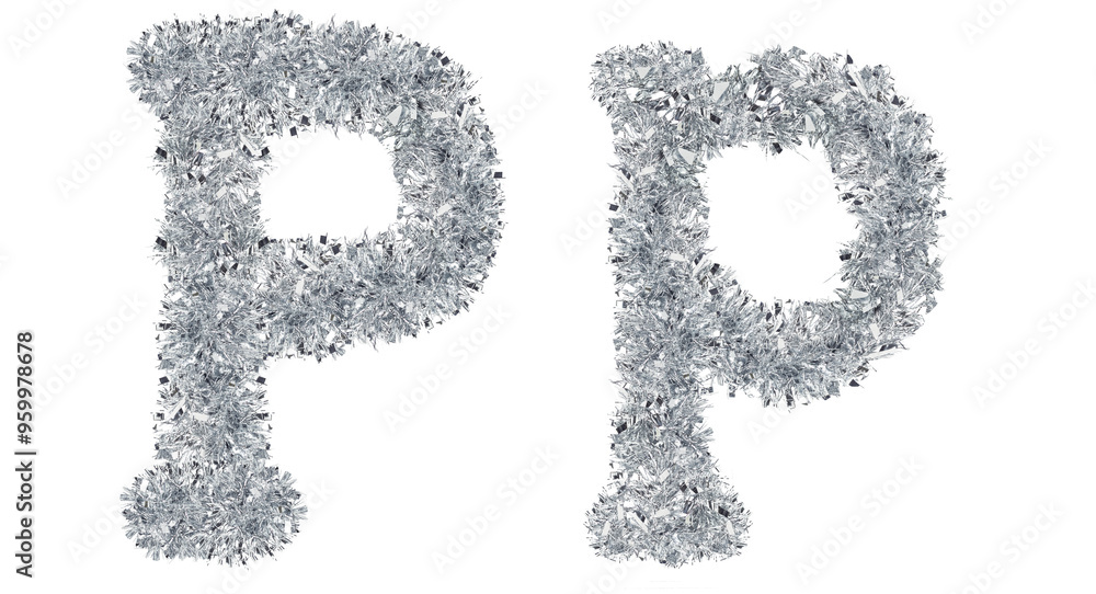 letter P made from New Year's tinsel, isolated Christmas tinsel, tinsel garland letter P made from New Year's tinsel, isolated Christmas tinsel, tinsel garland