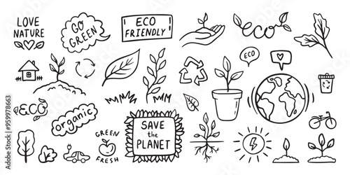 Hand Drawn Doodle Illustration of Ecology Concept, Reduce Reuse Refuse, Green Energy. Outline set