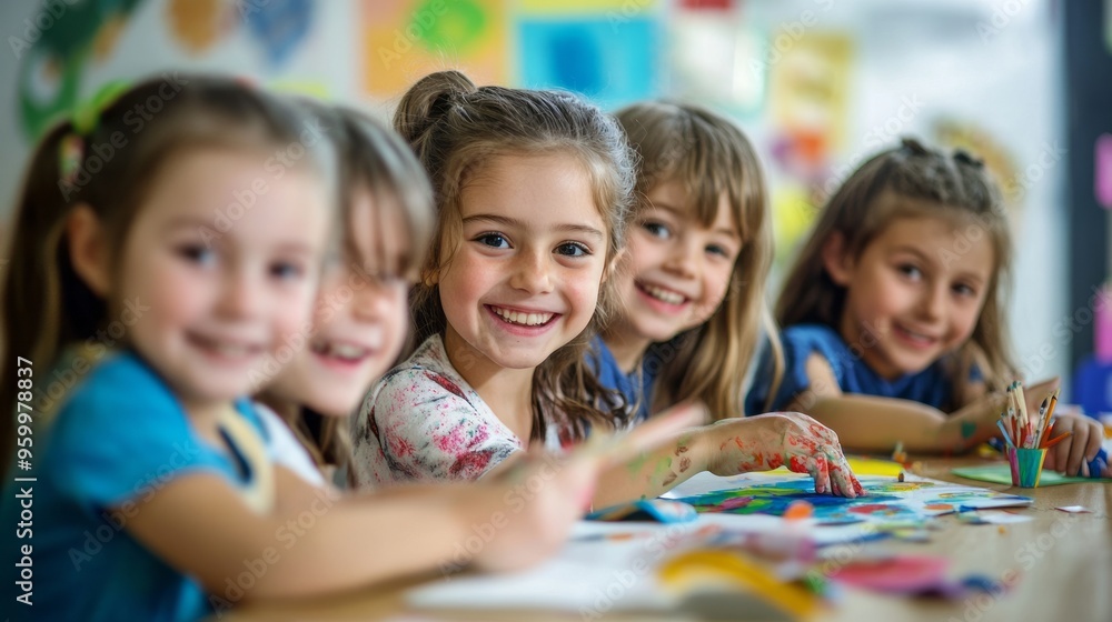 Happy smiling kids are doing arts and crafts in day care centre together. Education concept Happy smiling kids are doing arts and crafts in day care centre together. Education concept