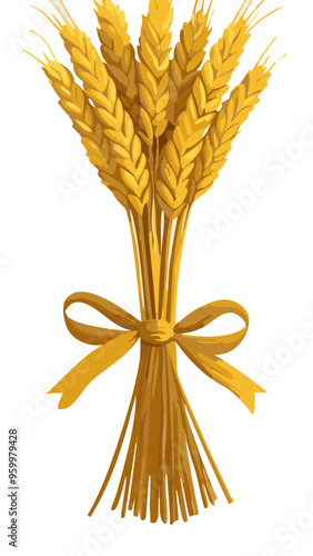 Spikelets of wheat tied with a bow isolated on white